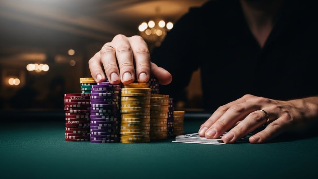 Poker igrač slaže šarene žetone na zelenom poker stolu, fokus na bankroll i upravljanje novcem.