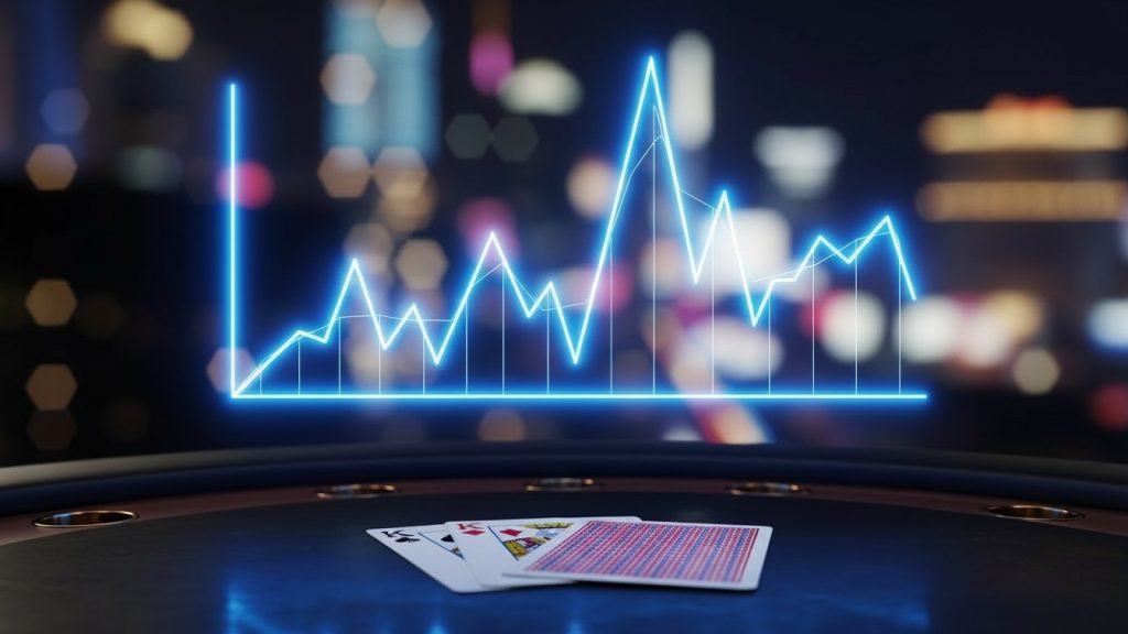 Grafikon rasta iznad poker stola s kartama, simbol profitabilnosti i dugoročne poker strategije.