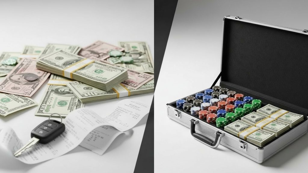 Novac, poker žetoni i kofer s gotovinom, vizuelni prikaz poker bankrolla i finansijskog upravljanja.