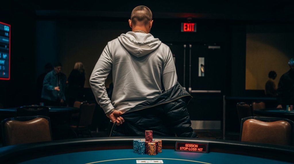 Poker igrač ustaje od stola ostavljajući žetone, simbol discipline i poštovanja stop-loss pravila.