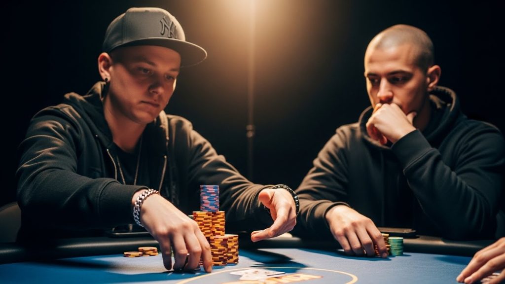 Dva poker igrača u napetoj ruci dok jedan od njih raisa pre-flop, primjer kontrole pota i strategije raisanja u Texas Hold’emu.