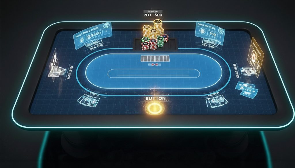 Digitalna poker tabla sa označenim pozicijama igrača, čipovima u sredini i istaknutom button pozicijom.