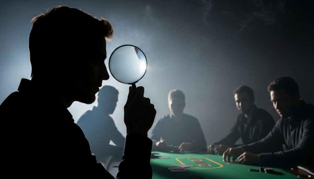 Poker igrač u sjeni posmatra protivnike kroz povećalo, simbol analize i čitanja igre za stolom.