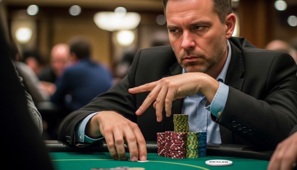 Ozbiljan poker igrač za stolom slaže čipove pored dealer dugmeta tokom turnira.