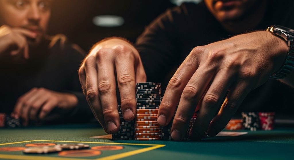 Ruke poker igrača slažu visoke tornjeve čipova, simbol kontrole stacka i pritiska na protivnike.