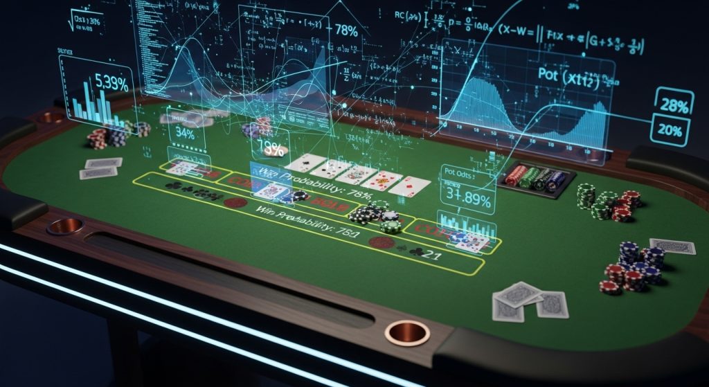 Poker stol sa digitalnim analizama i statistikama koje prikazuju vjerovatnoće i pot odds tokom ruke.