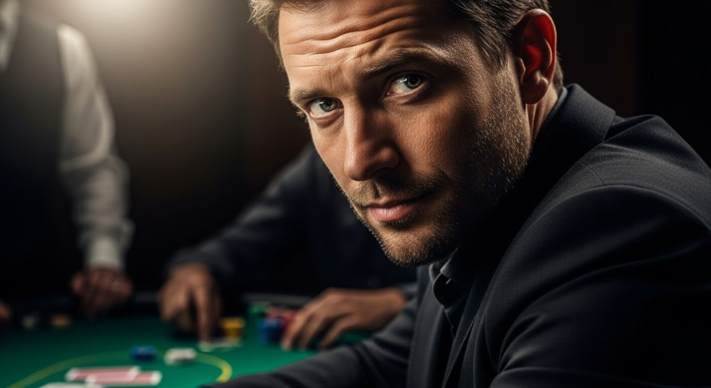 Poker igrač gleda direktno prema protivniku sa samopouzdanjem i mentalnom koncentracijom.