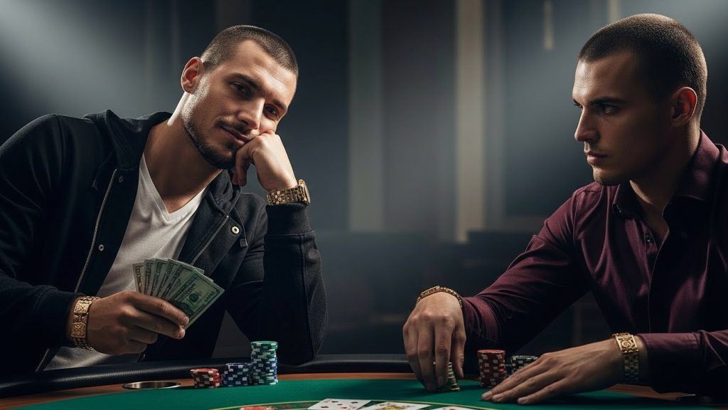Poker igrač drži novac i žetone za stolom, simbol samopouzdanja i pravilne strategije raisanja u Texas Hold’em pokeru.
