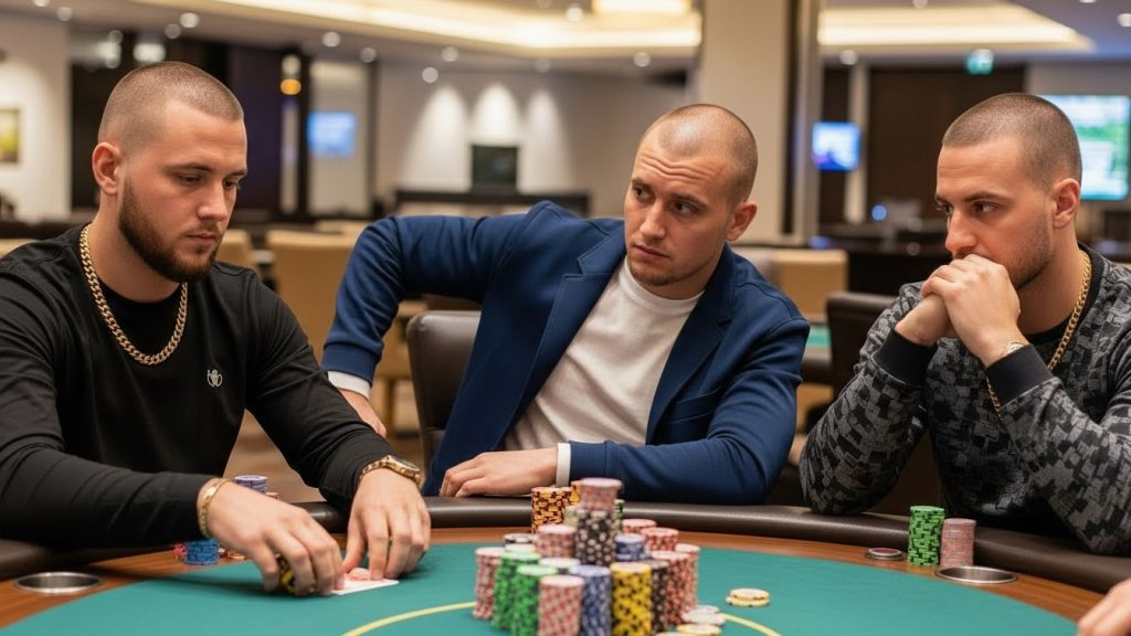Grupa poker igrača za stolom tokom intenzivne ruke, gdje se koristi strateško raisanje za pritisak na protivnike u Texas Hold’emu.