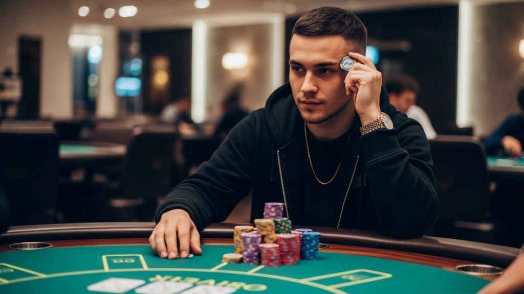 Poker igrač razmišlja o sljedećem potezu držeći žeton, ilustracija mentalnog pristupa i strategije raisanja u Texas Hold’em pokeru.