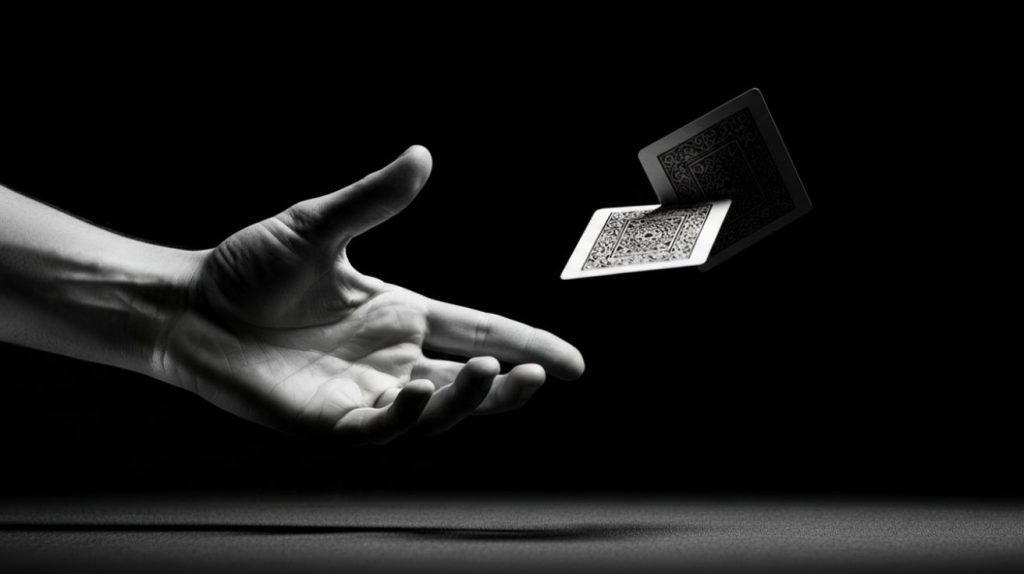 Ruka baca poker karte u tamu, simbol odustajanja i pravilnog folda u ranoj poziciji.