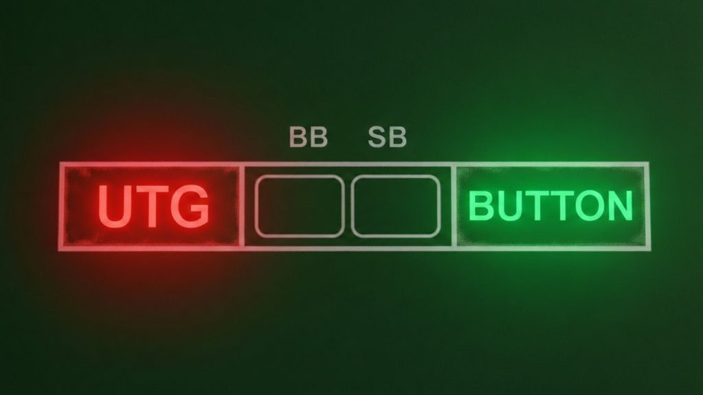 Grafički prikaz poker pozicija sa istaknutim UTG i Button mjestima, vizuelno poređenje rane i kasne pozicije.
