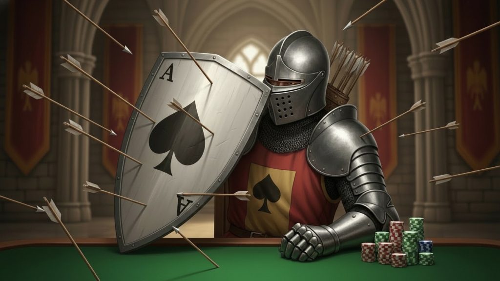 Vitez sa štitom u obliku pik asa brani se od strijela, metafora čvrste i defanzivne UTG strategije.