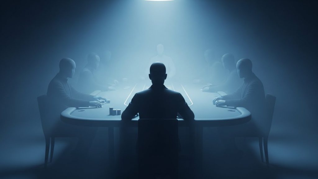 Poker sto u magli sa igračem u prvom planu, prikaz pritiska i izolacije u UTG poziciji.