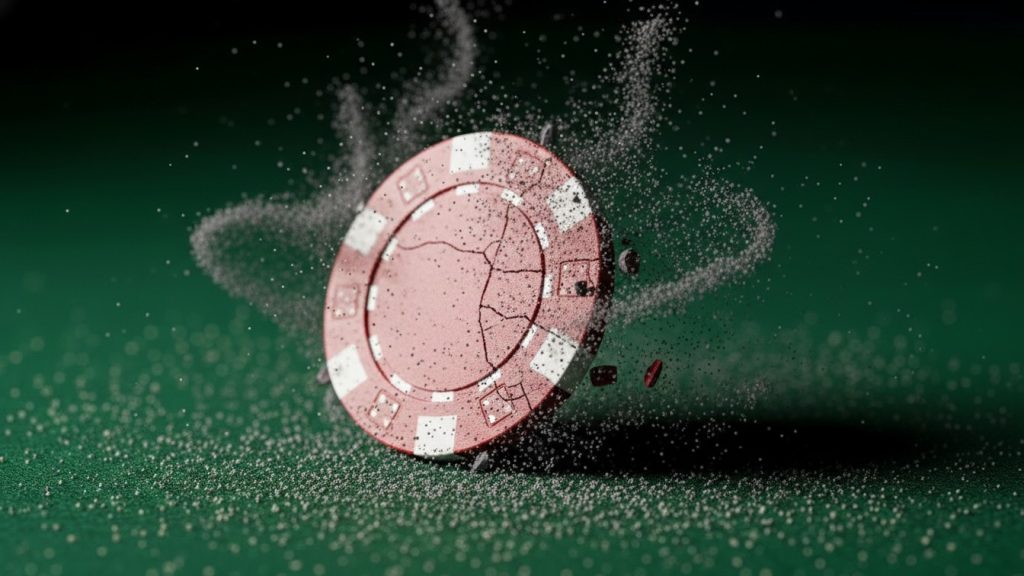 Poker žeton koji se raspada u čestice na zelenom stolu, simbol gubitka vrijednosti i greške u igri.