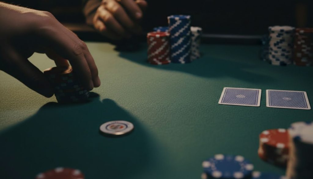 Ruke igrača pokera raspoređuju žetone na zelenoj podlozi stola uz dvije karte okrenute naopako.