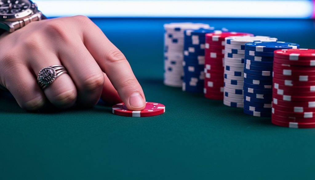Ruka s prstenom gura jedan crveni žeton prema gomili žetona na poker stolu