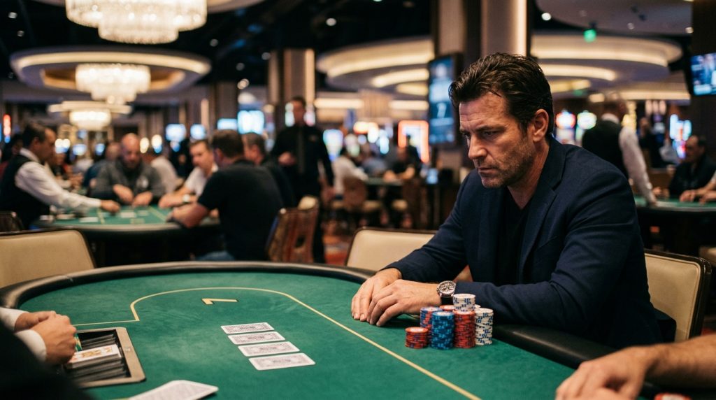 Igrač u modernom kasinu fokusirano posmatra flop dok ispred sebe ima uredno složene žetone, atmosfera napete heads-up situacije za poker stolom.