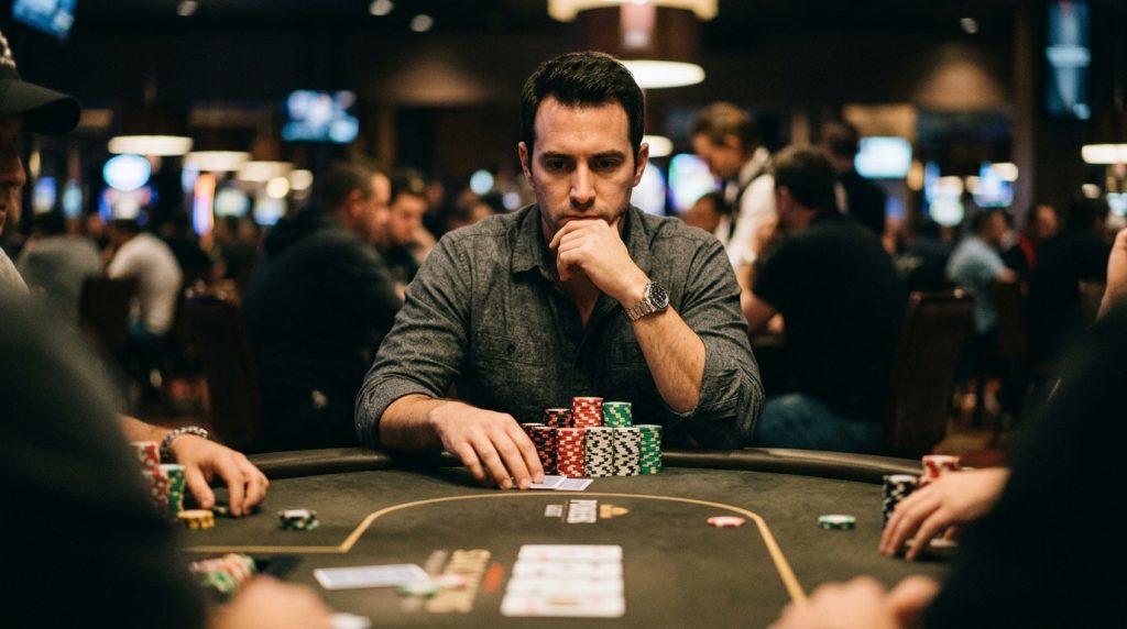 Poker igrač duboko koncentrisan nad stolom, ruka ispod brade dok procjenjuje situaciju na flopu, veliki stack žetona ispred njega u turnirskom okruženju.