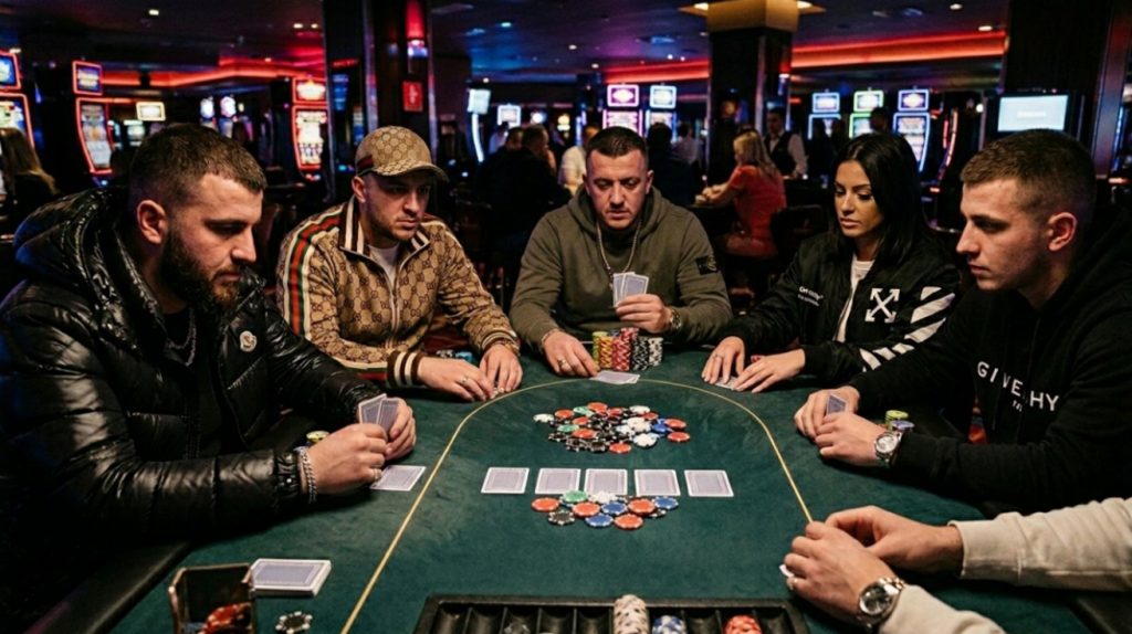Multiway poker pot u kasinu, više igrača oko stola posmatra zajedničke karte dok su žetoni u sredini, dinamična i takmičarska atmosfera.