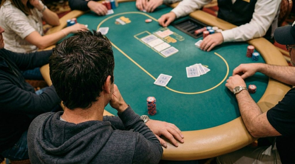 Pogled iznad ramena igrača na poker stol sa više protivnika, vidljiv flop i centralni pot dok svi analiziraju situaciju u ranoj fazi handa.